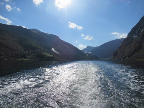 Uitzicht op de boot (Lady Elisabeth) op weg naar Gudvangen door de UNESCO beschermde Aurlandsfjord